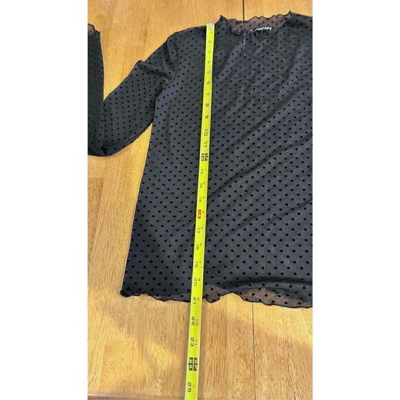 Zara Women's Mock Neck Lettuce Trim Polka Dot Mesh Top Blouse Black Size Small - Picture 6 of 10